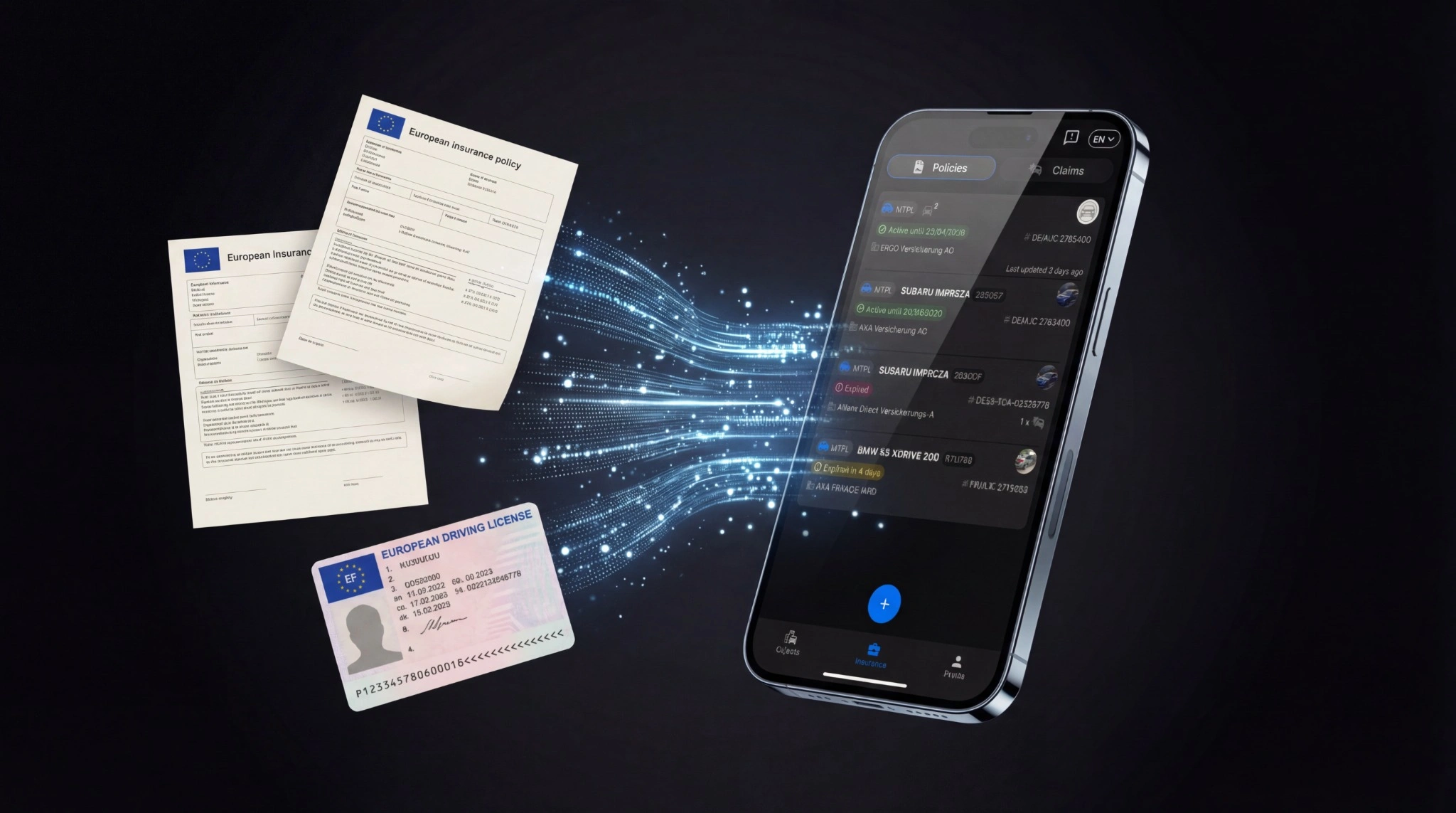 Smartphone with insurance documents flowing into a digital policy wallet