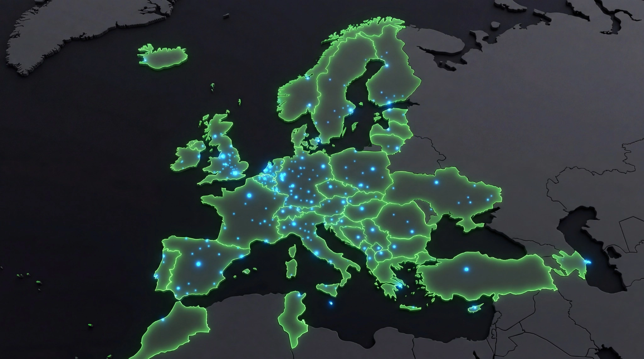 Map of Europe highlighting 47 Green Card countries covered by Minsas